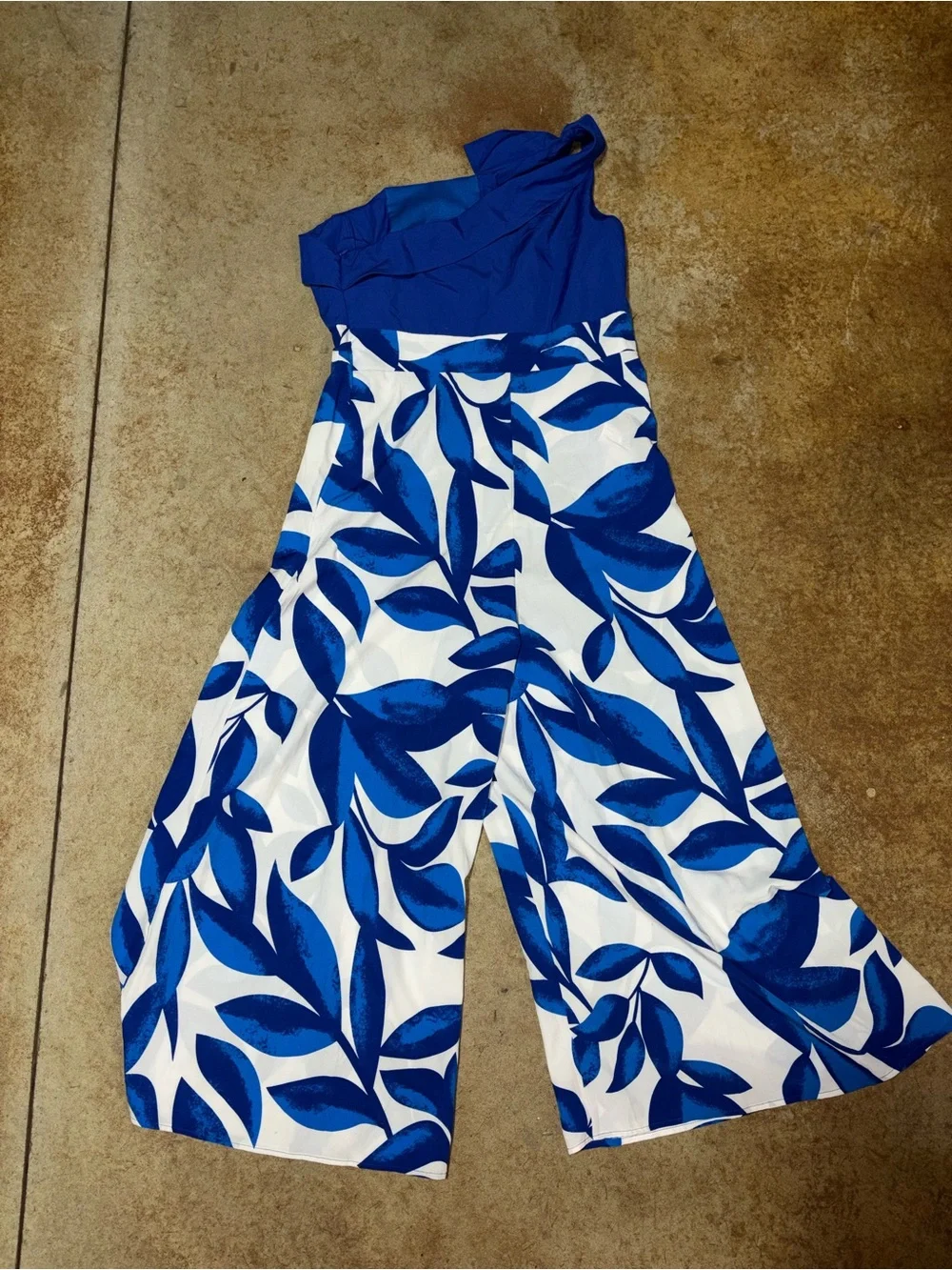 Strapless Blue & White Tropical Print Jumpsuit